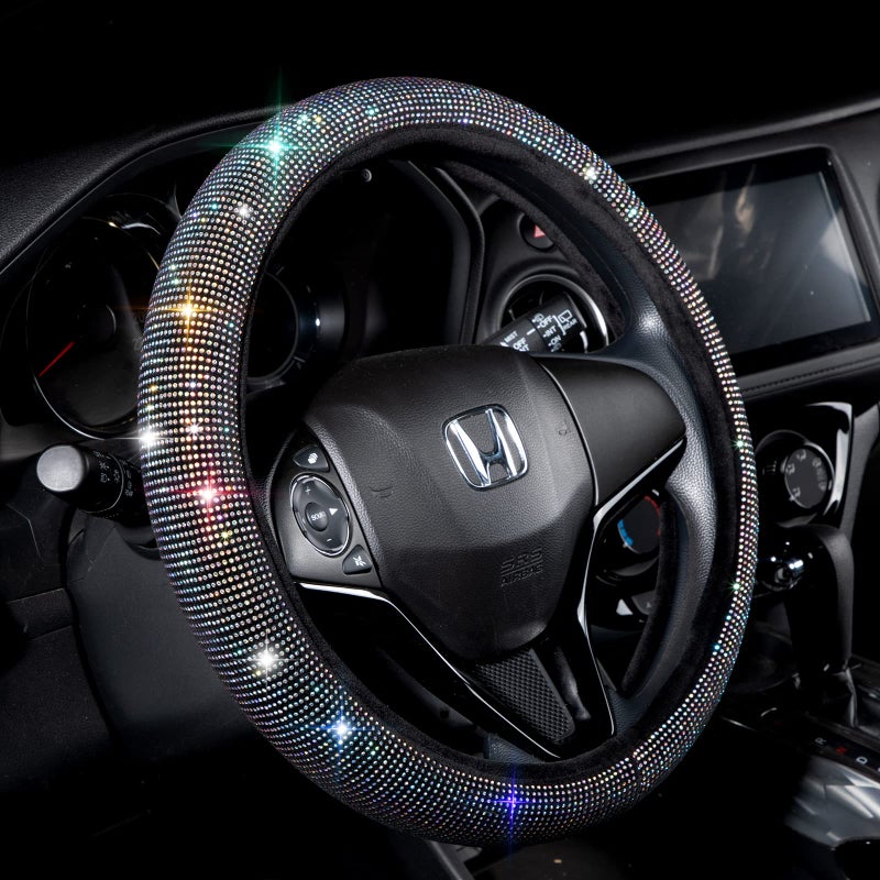 Valleycomfy Steering Wheel Cover for Women Men Bling Bling Crystal Diamond Sparkling Car SUV Wheel Protector Universal Fit 15 Inch (Black with Colorful Diamond,Standard Size(14" 1/2-15" 1/4)) - Image 1